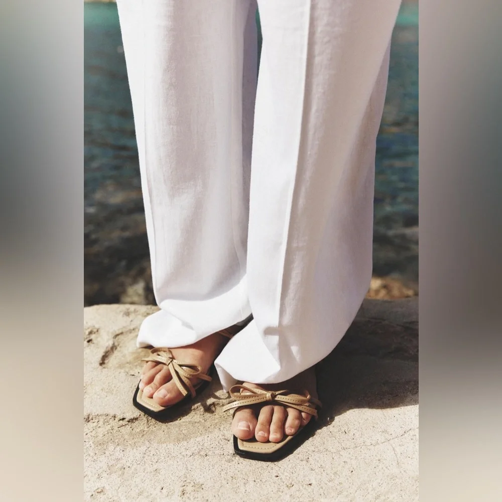 ZARA NUDE BOW TRIM FLAT SANDALS - Picture 7 of 7